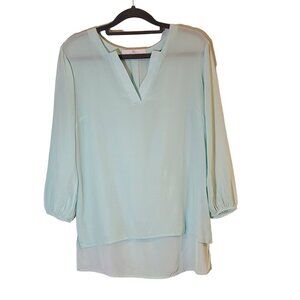 Amanda Uprichard Silk 3/4 Sleeve V-Neck Blouse Seafoam Green‎ Blue Hi-Low Hem S